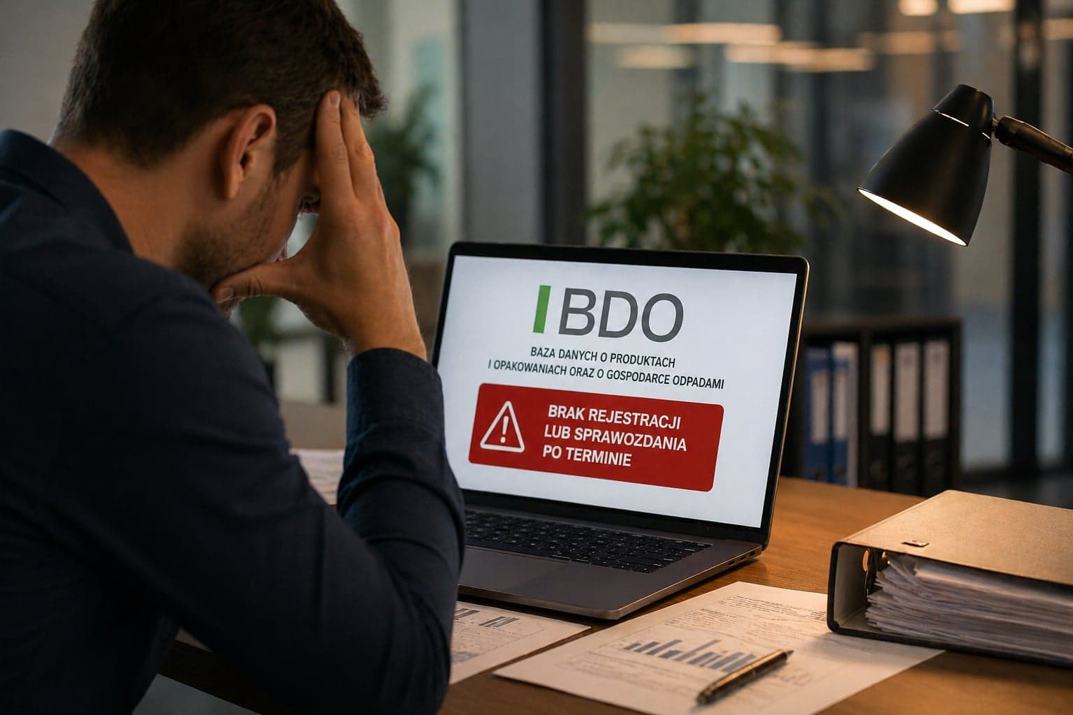 Przedsiębiorca przy laptopie z komunikatem o braku rejestracji BDO po terminie - kara WIOŚ