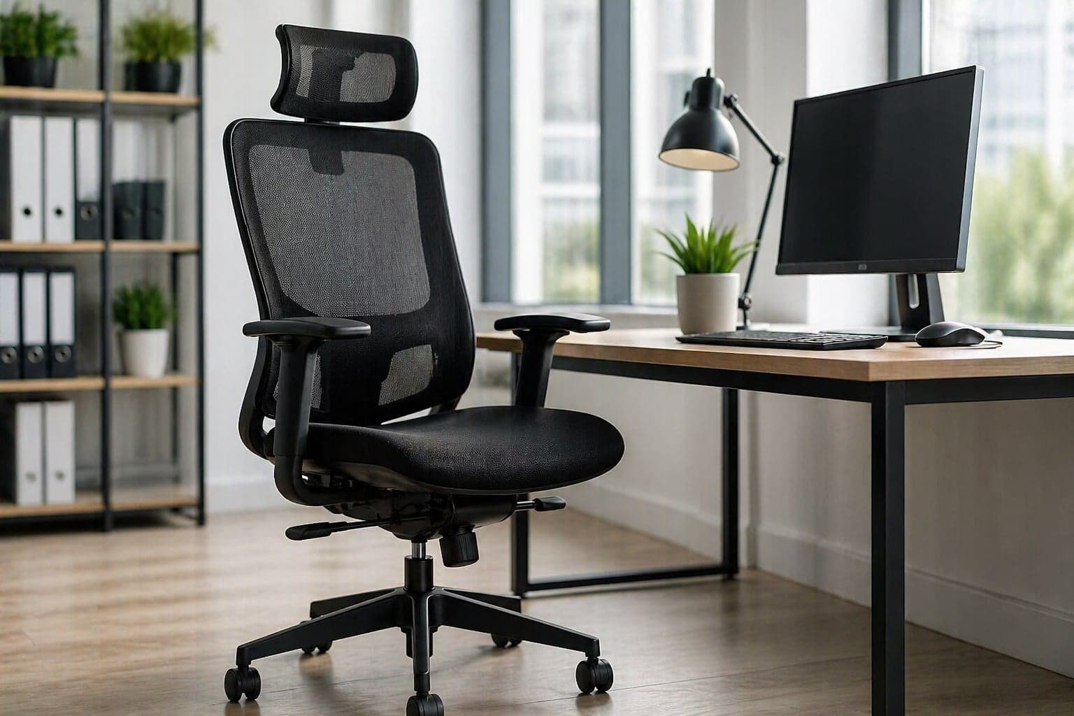 Ergonomiczny fotel biurowy z regulacją wysokości i podłokietników zgodny z normą PN-EN 1335 przy biurku w biurze