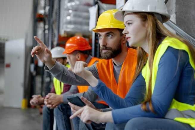 Grupa pracowników w kaskach i kamizelkach odblaskowych - szkolenie BHP