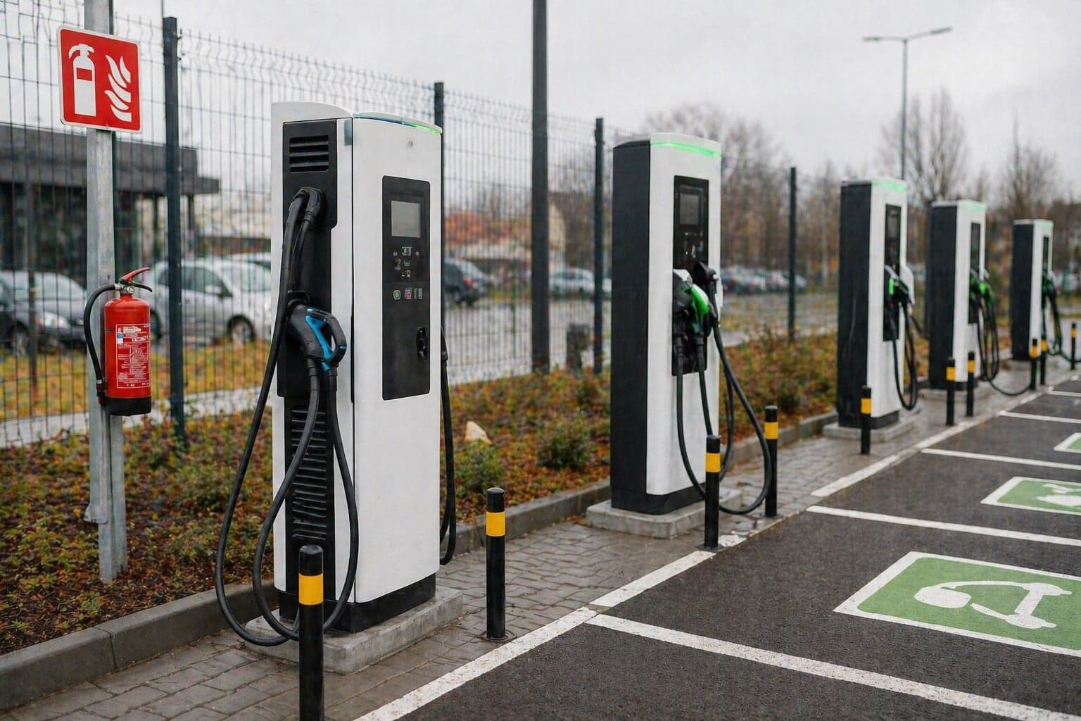 Publiczne stacje ładowania samochodów elektrycznych EV z gaśnicą klasy D na parkingu - wymogi PPOŻ