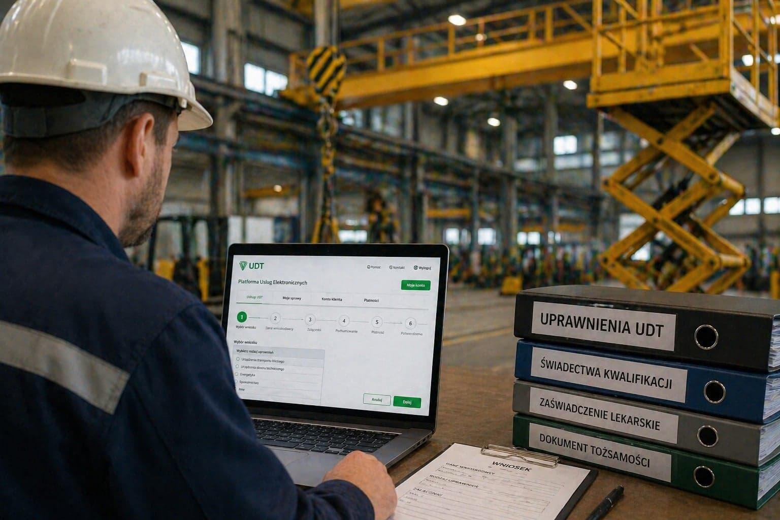 Operator UDT w hali z wózkiem widłowym składa wniosek o przedłużenie uprawnień przez eUDT online - segregatory ze świadectwami