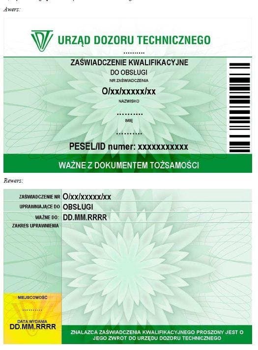 Zaświadczenie kwalifikacyjne UDT do obsługi wózka widłowego (awers i rewers)